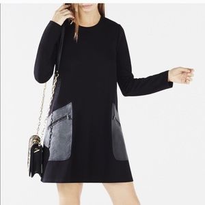 BCBG black jersey dress w/faux leather pockets